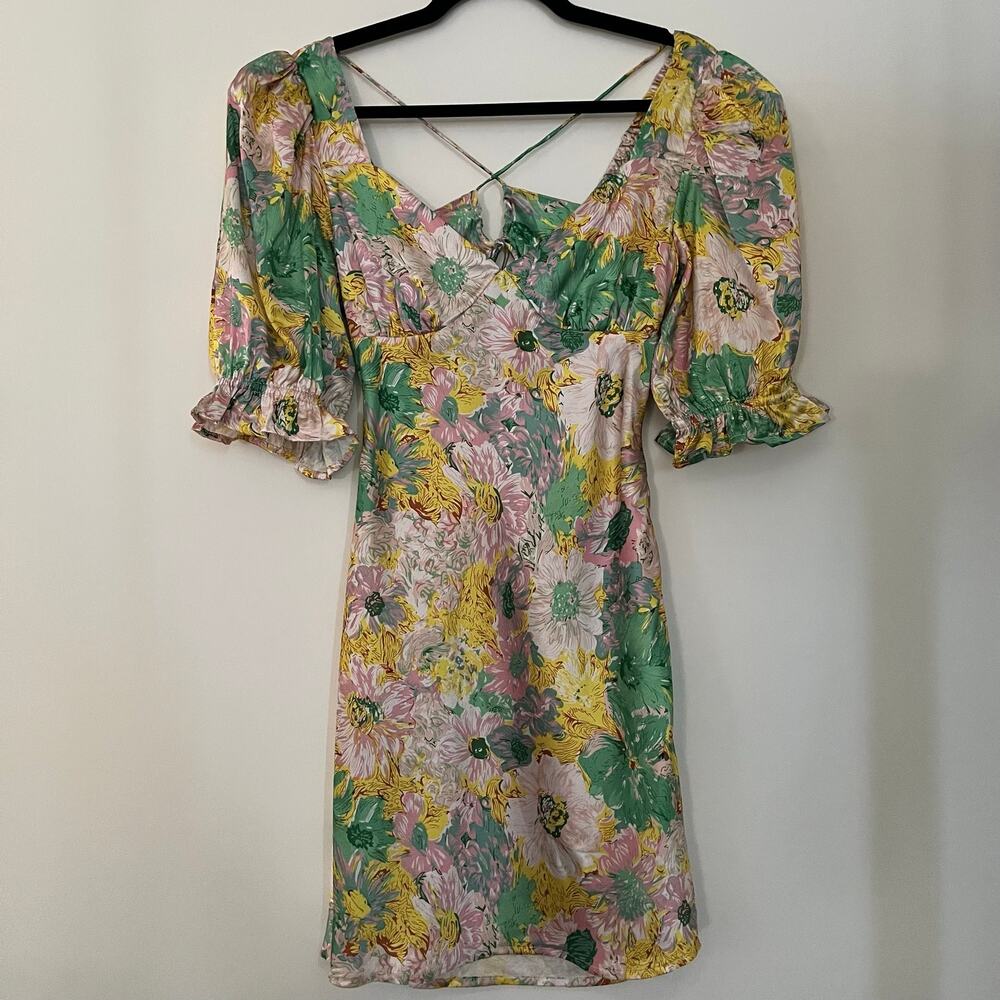 RAHI Floral Mini Dress Puff Sleeve Sweetheart Strappy Back Retro Sz M